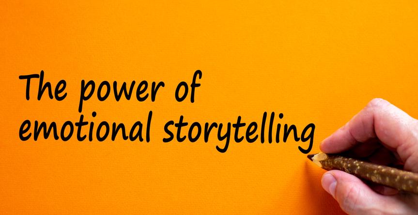 Power of emotional storytelling symbol. Hand writing 'The power of emotional storytelling', isolated on beautiful orange background. Business and storytelling concept, copy space.